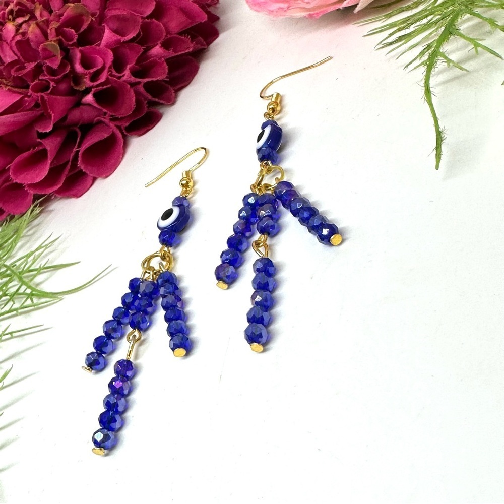 NEW⚜️Handmade Evil Eye Crystal Fringe Earrings - Picture 3 of 6